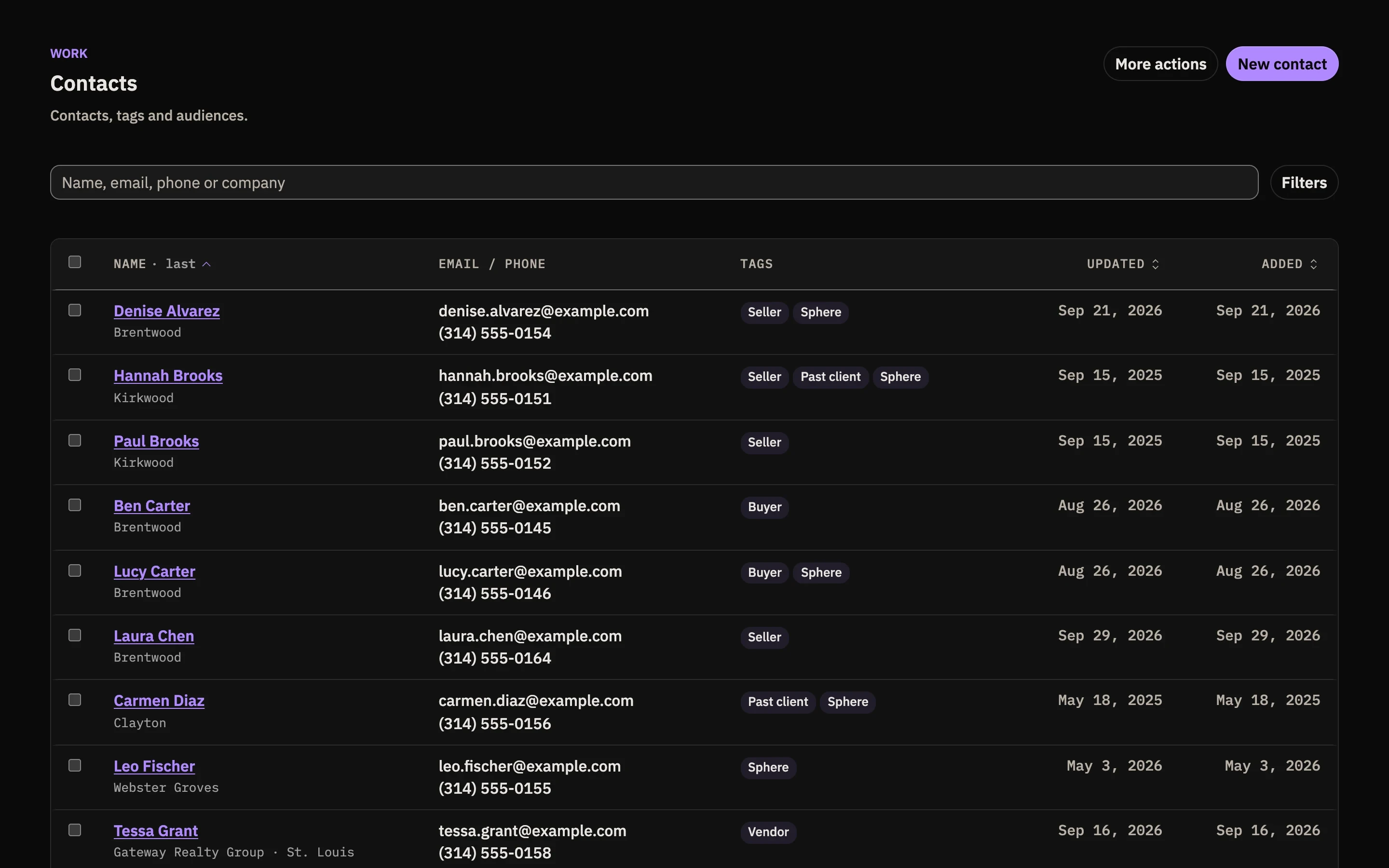 The Berchtold contacts list with tags such as past client, sphere, buyer, and seller.