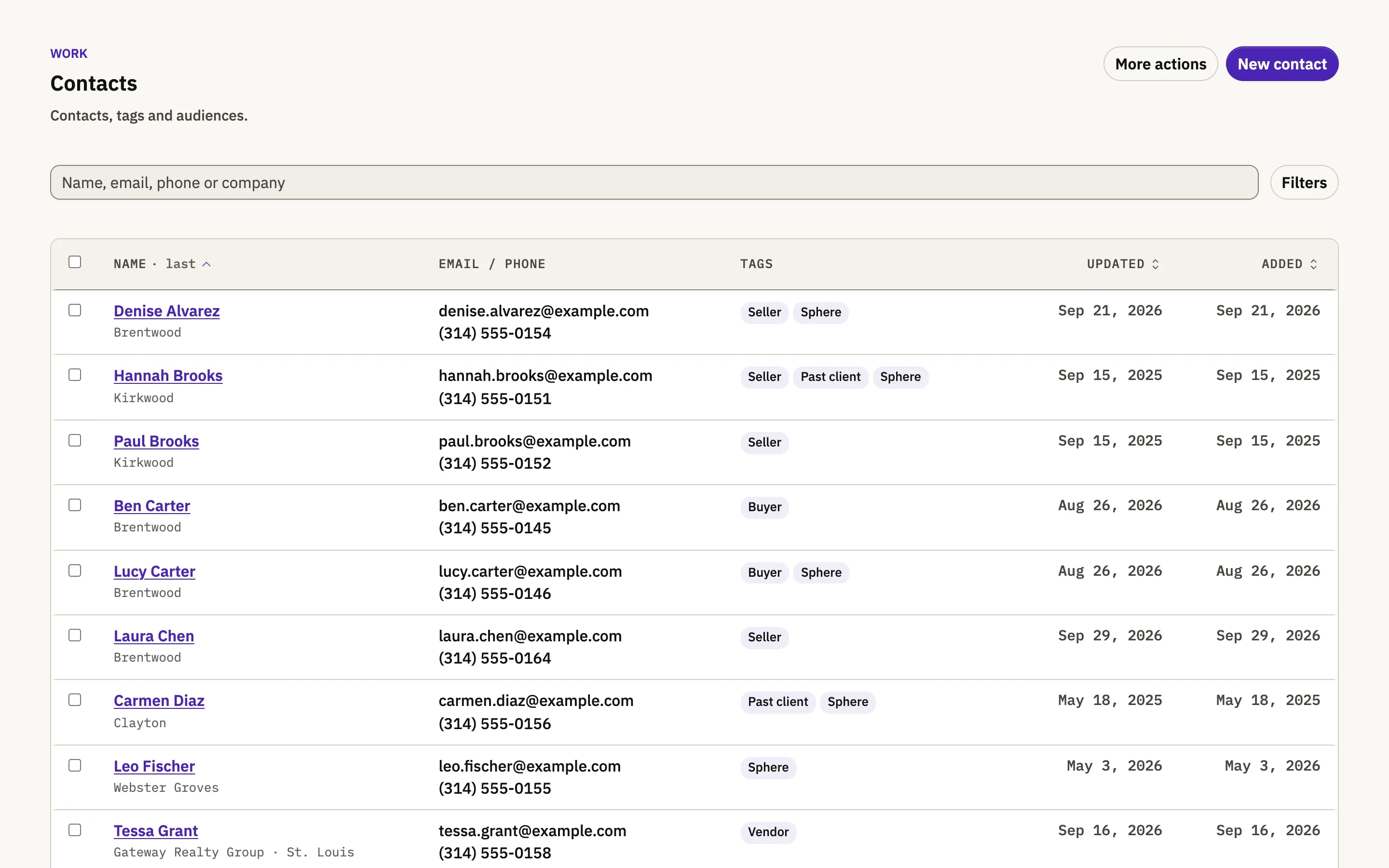 The Berchtold contacts list with tags such as past client, sphere, buyer, and seller.