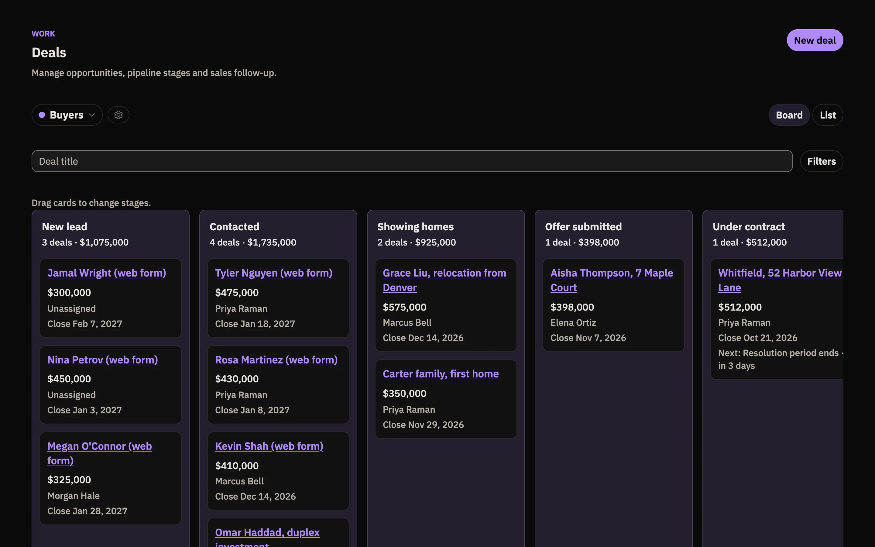 The Berchtold deals board with real estate deals in lead, active, under contract, and closed columns.