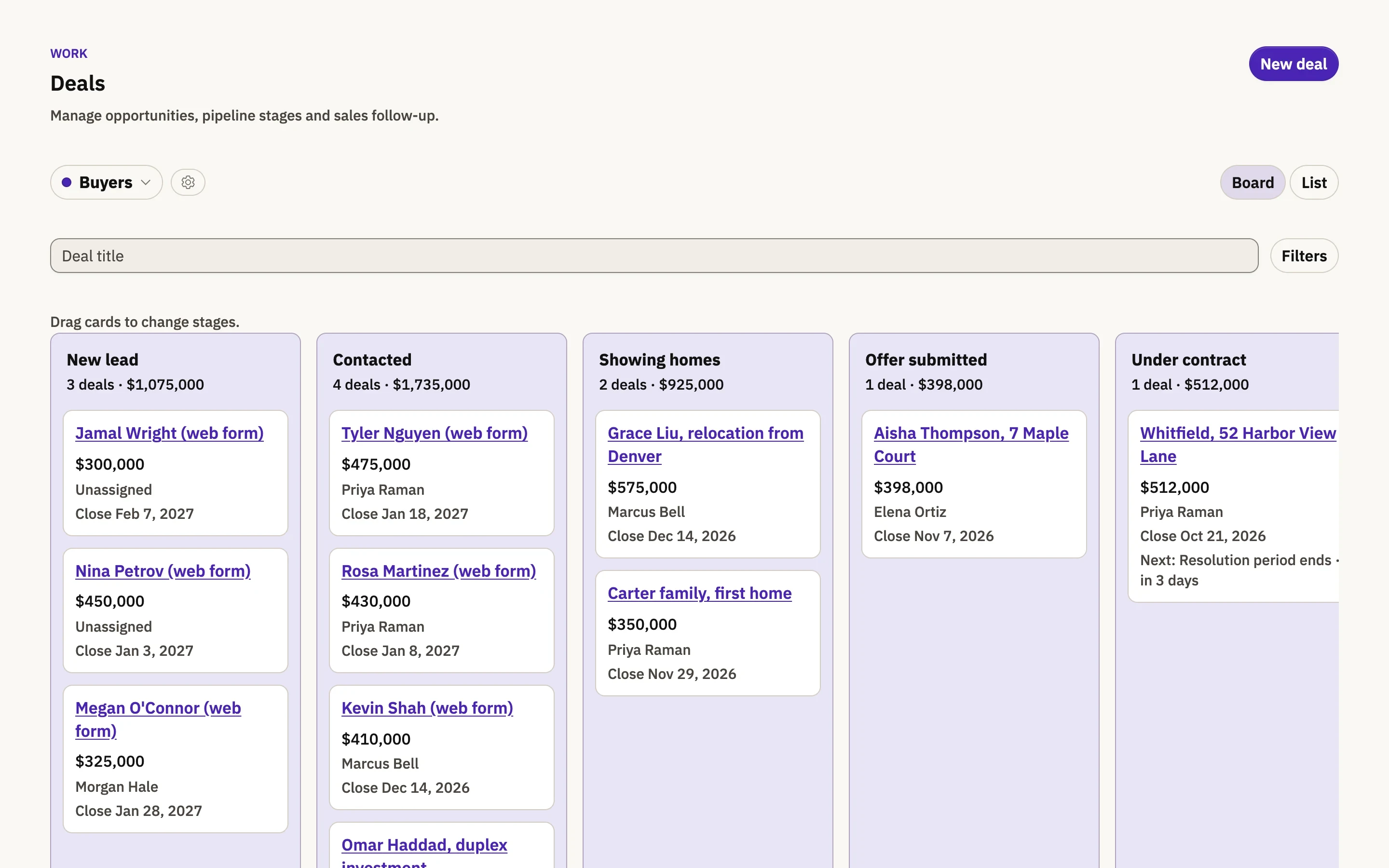 The Berchtold deals board with real estate deals in lead, active, under contract, and closed columns.