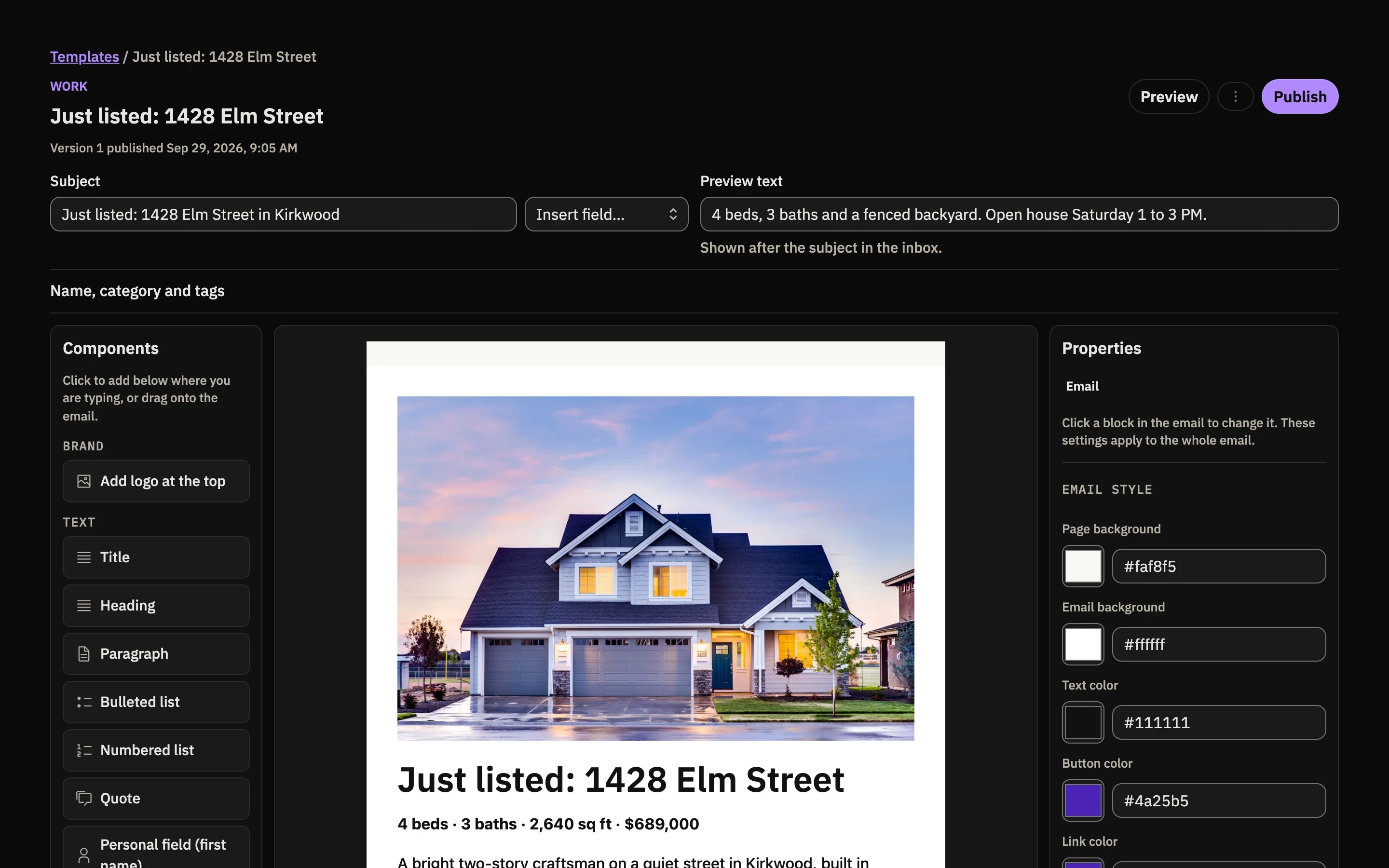 The Berchtold email builder with a just-listed email open on the canvas.