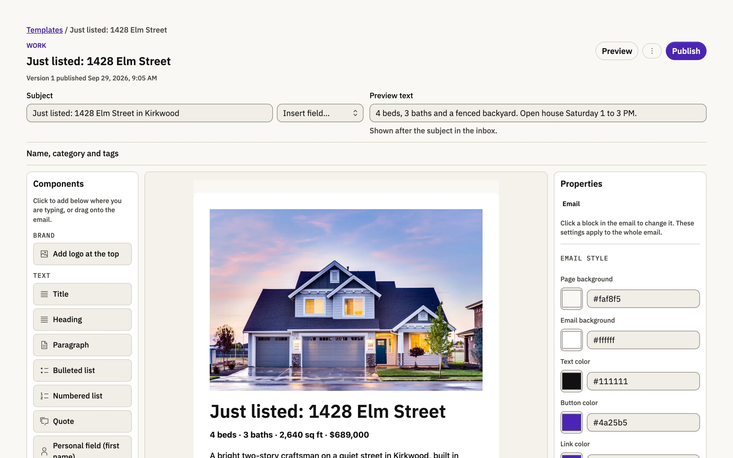 The Berchtold email builder with a just-listed email open on the canvas.