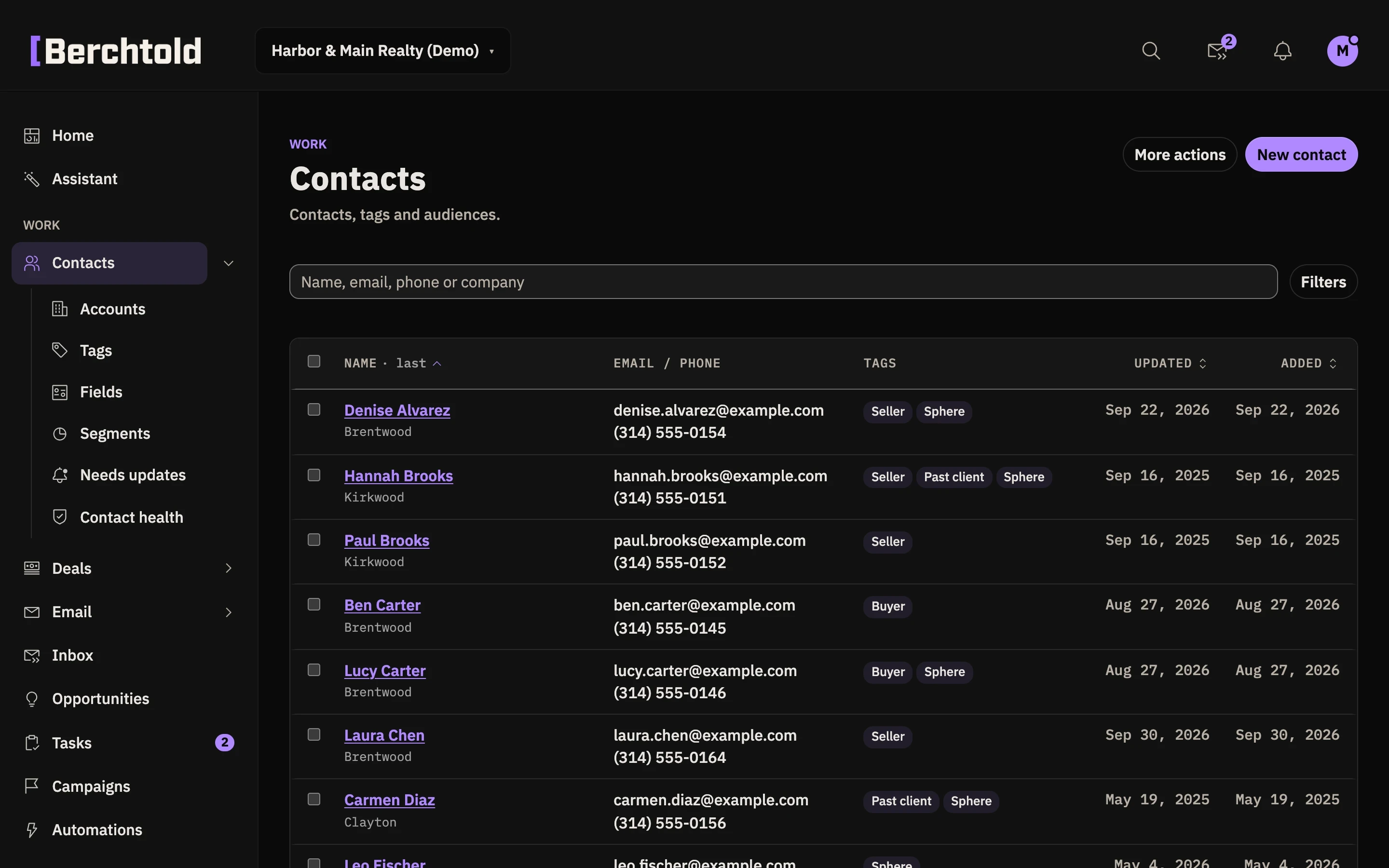 The Berchtold contacts list with tags such as past client, sphere, buyer, and seller.
