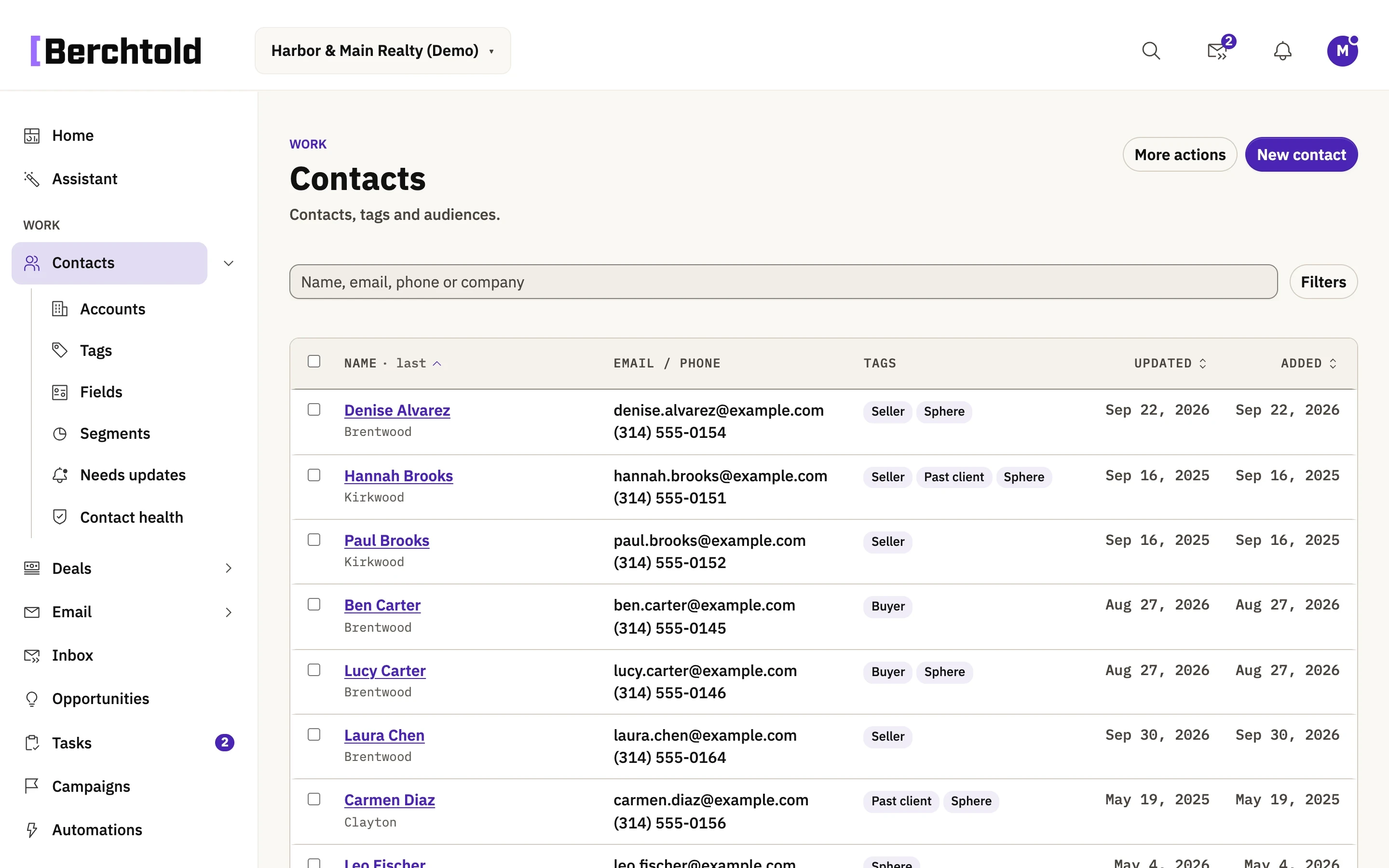 The Berchtold contacts list with tags such as past client, sphere, buyer, and seller.