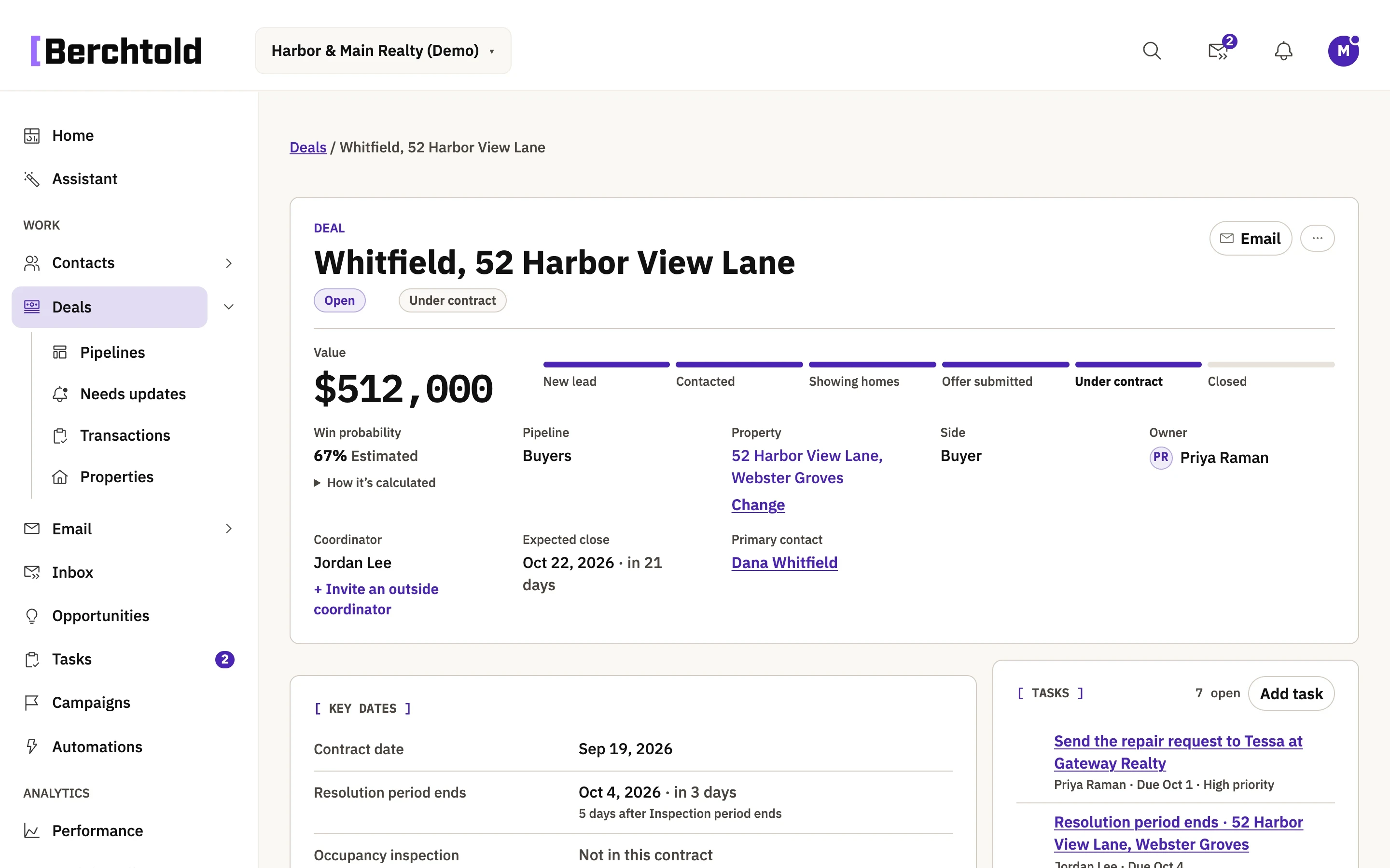 A Berchtold deal record under contract, with the property, the people on each side, and contract deadlines.