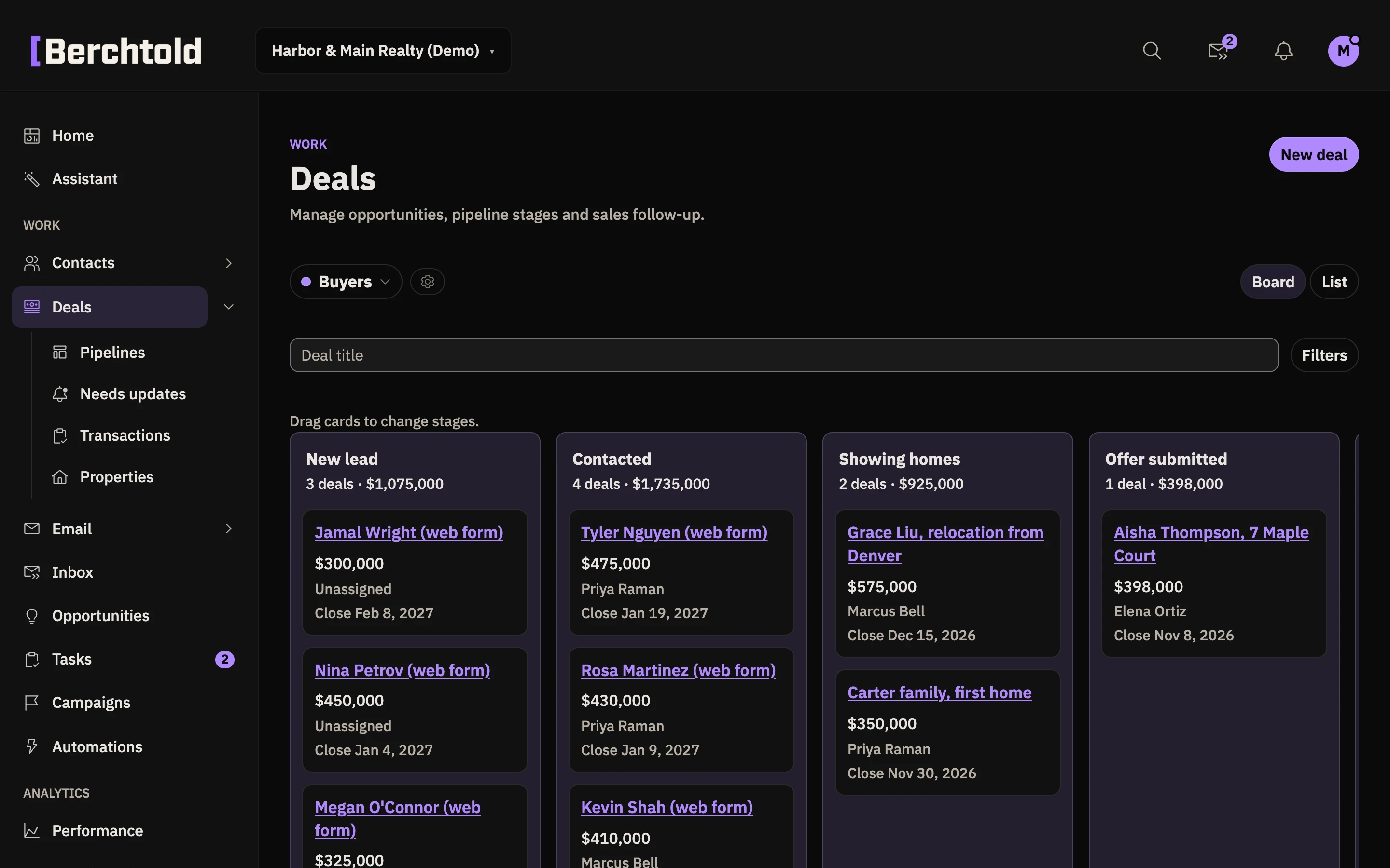 The Berchtold deals board with real estate deals in lead, active, under contract, and closed columns.