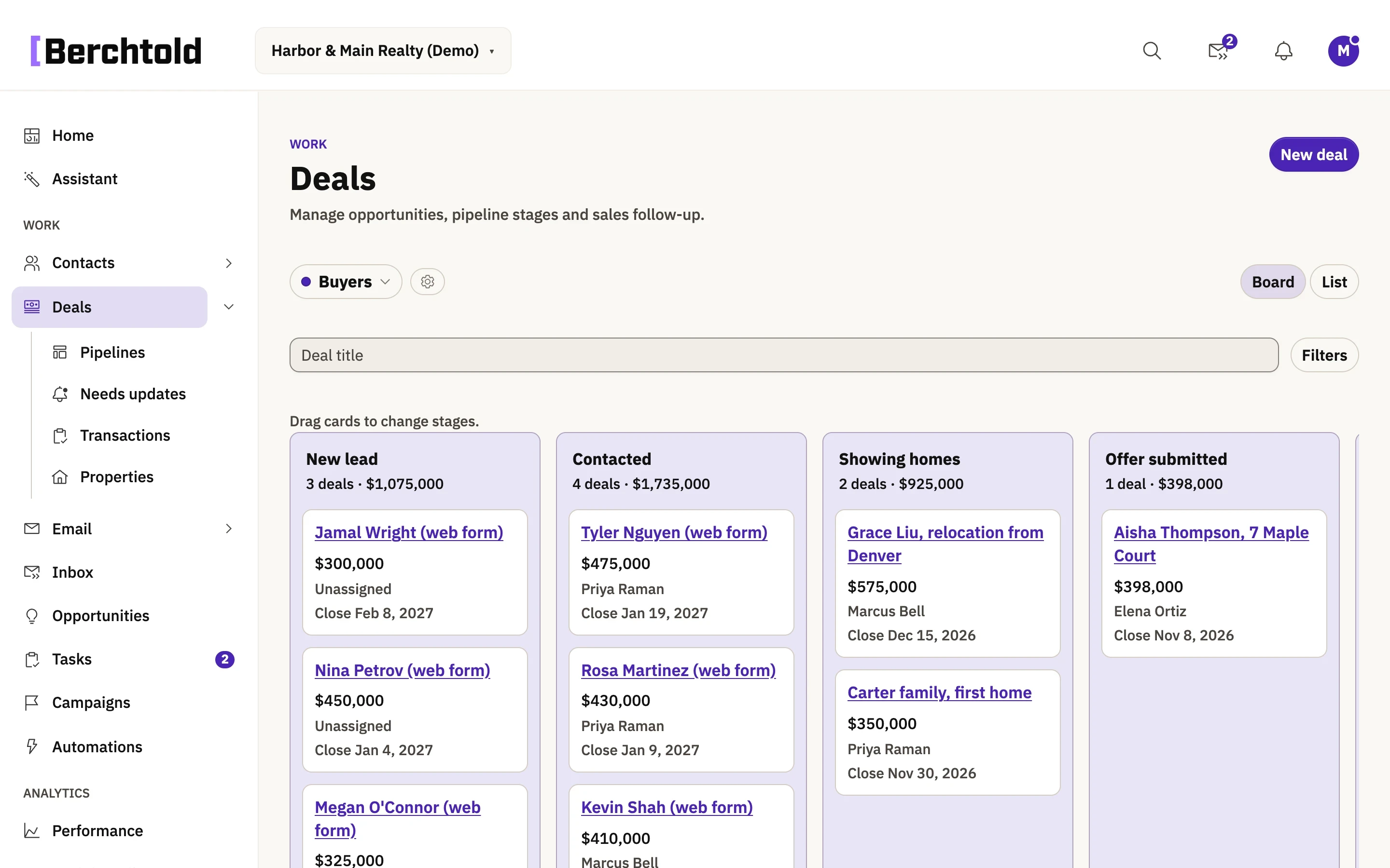 The Berchtold deals board with real estate deals in lead, active, under contract, and closed columns.