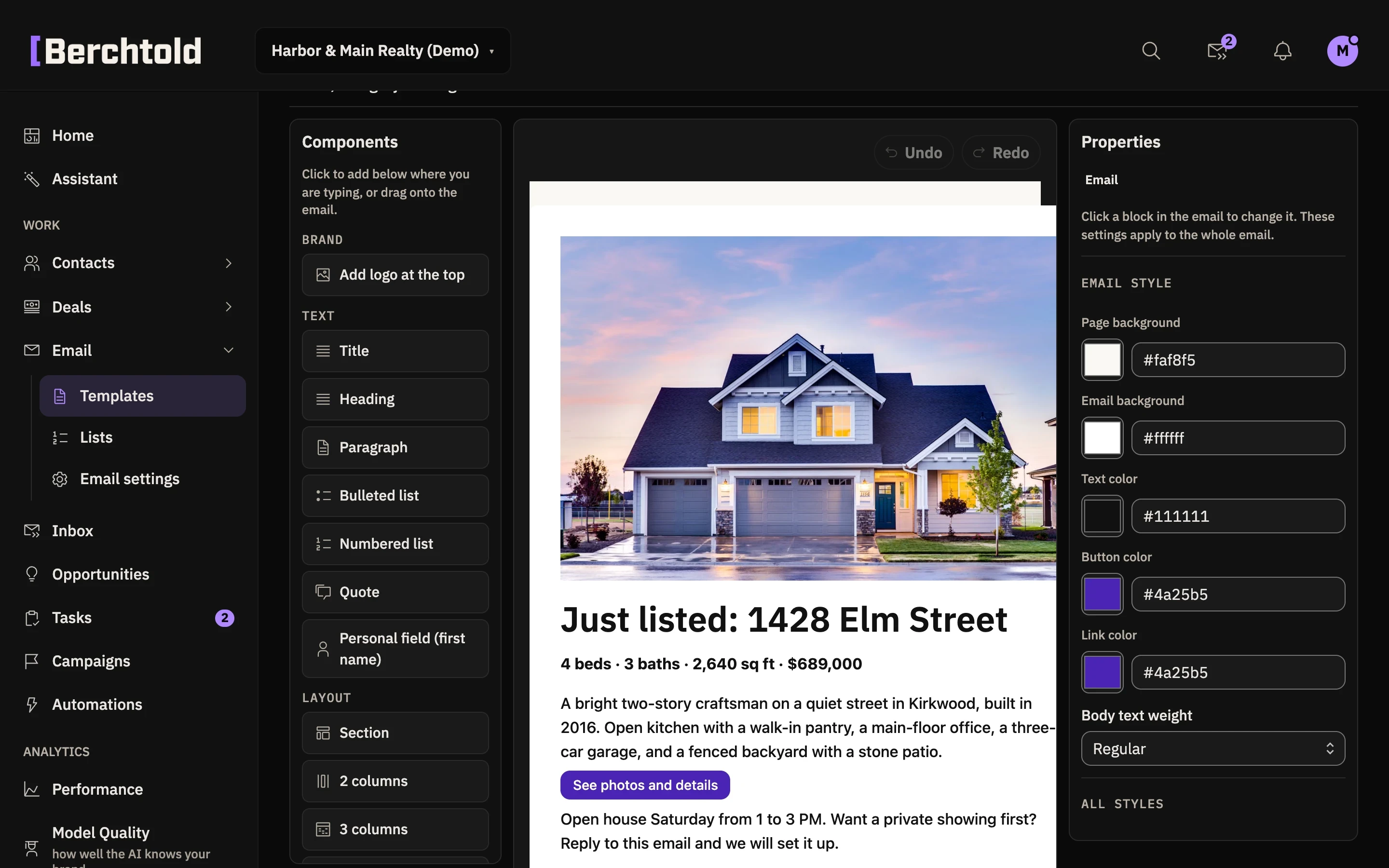 The Berchtold email builder with a just-listed email open on the canvas.