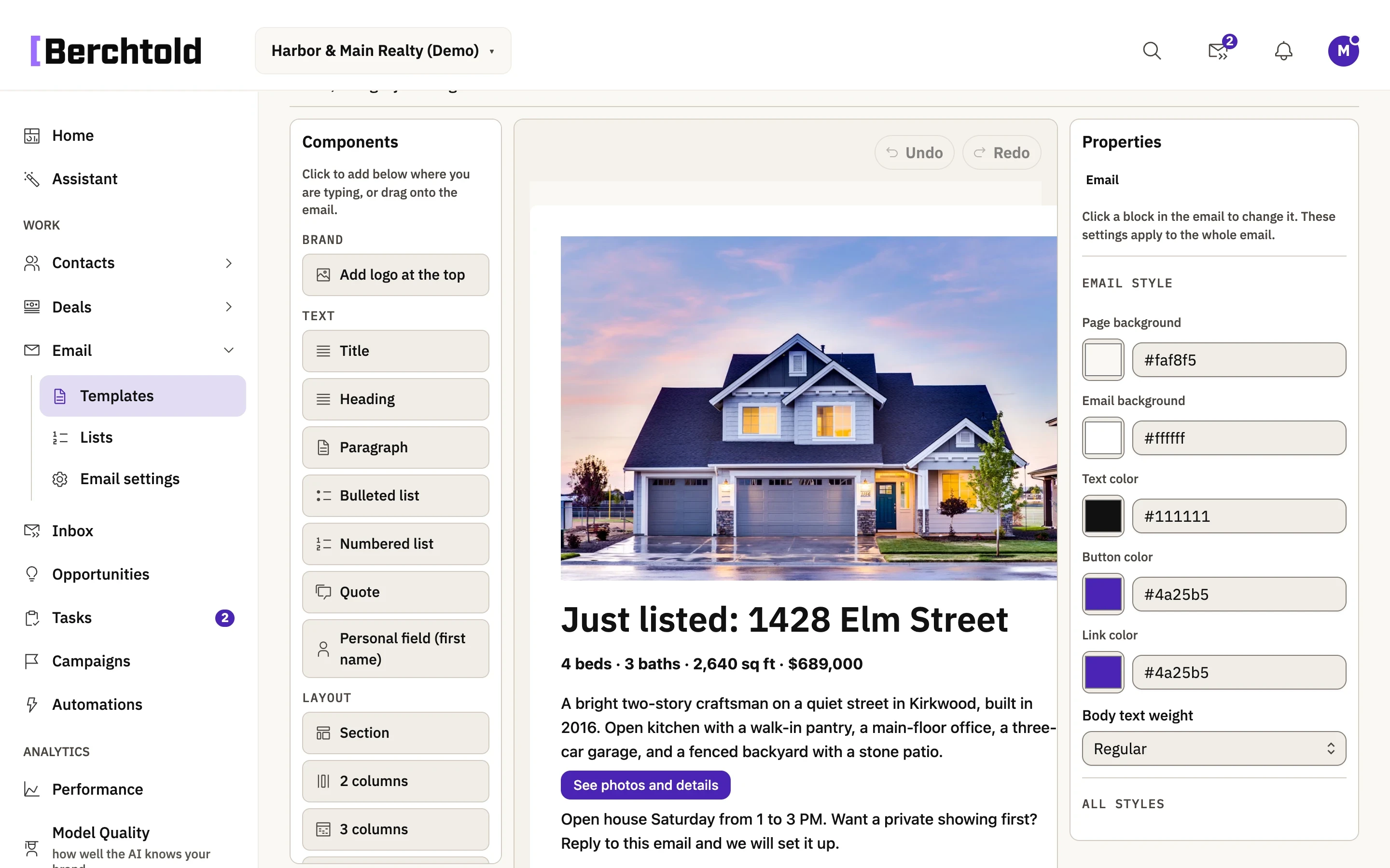 The Berchtold email builder with a just-listed email open on the canvas.
