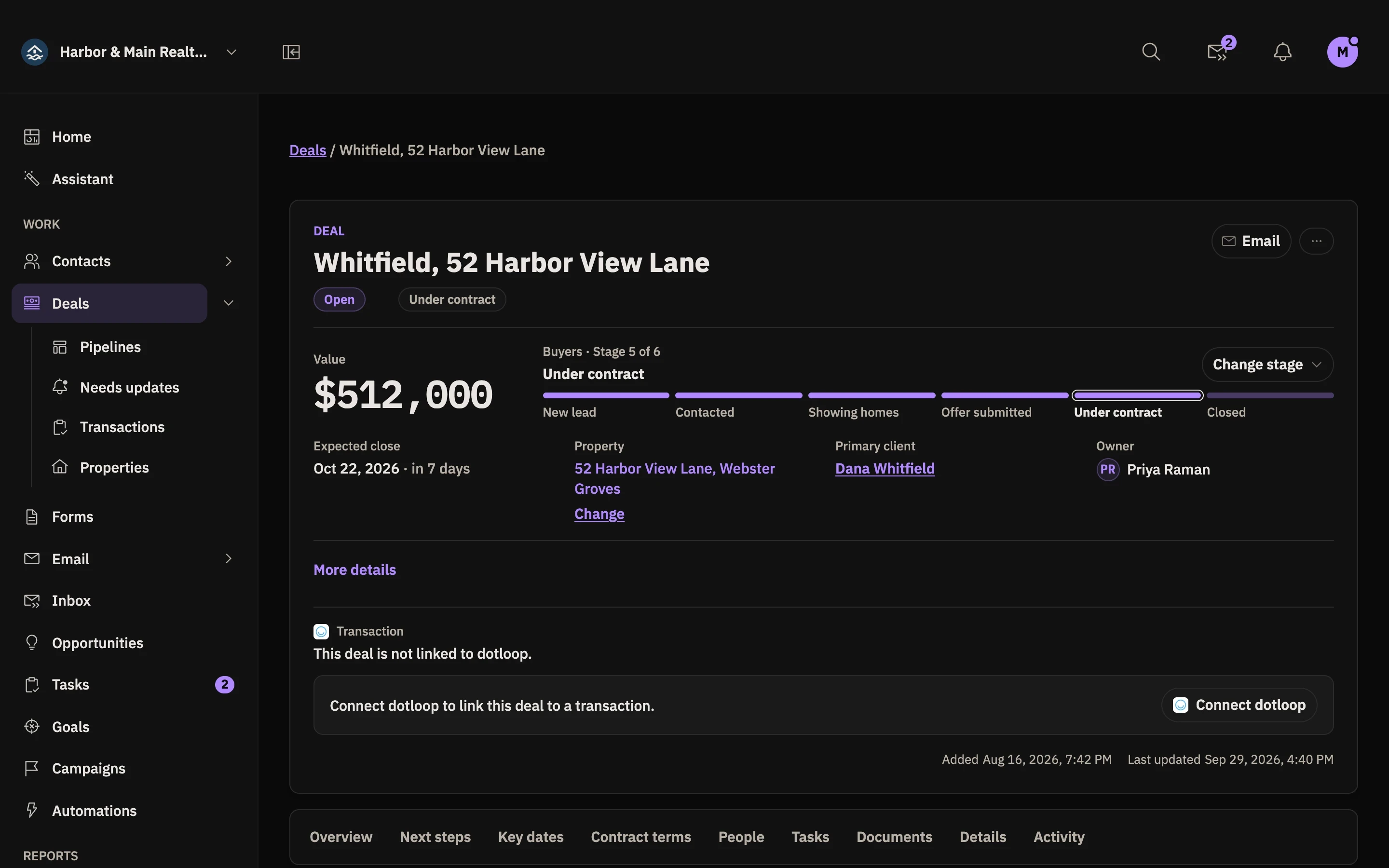 A Berchtold deal record under contract, with the property, the people on each side, and contract deadlines.