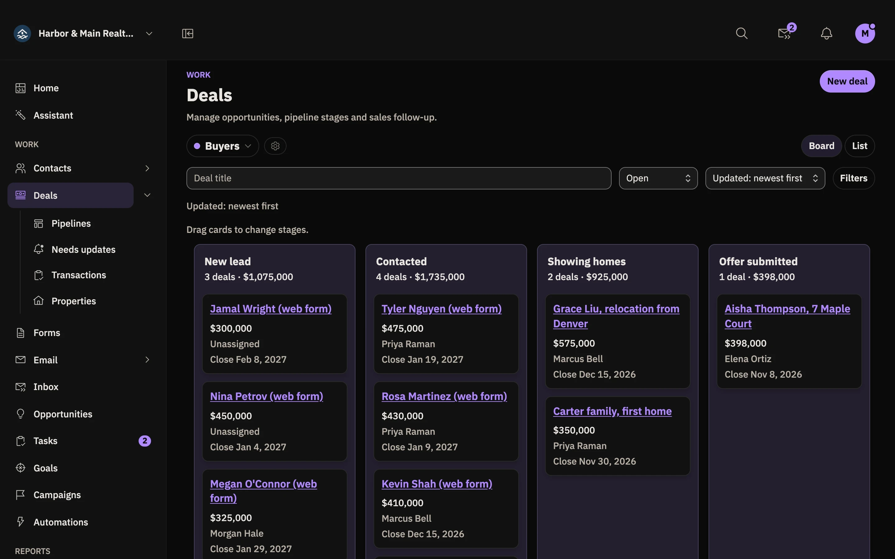 The Berchtold deals board with real estate deals in lead, active, under contract, and closed columns.