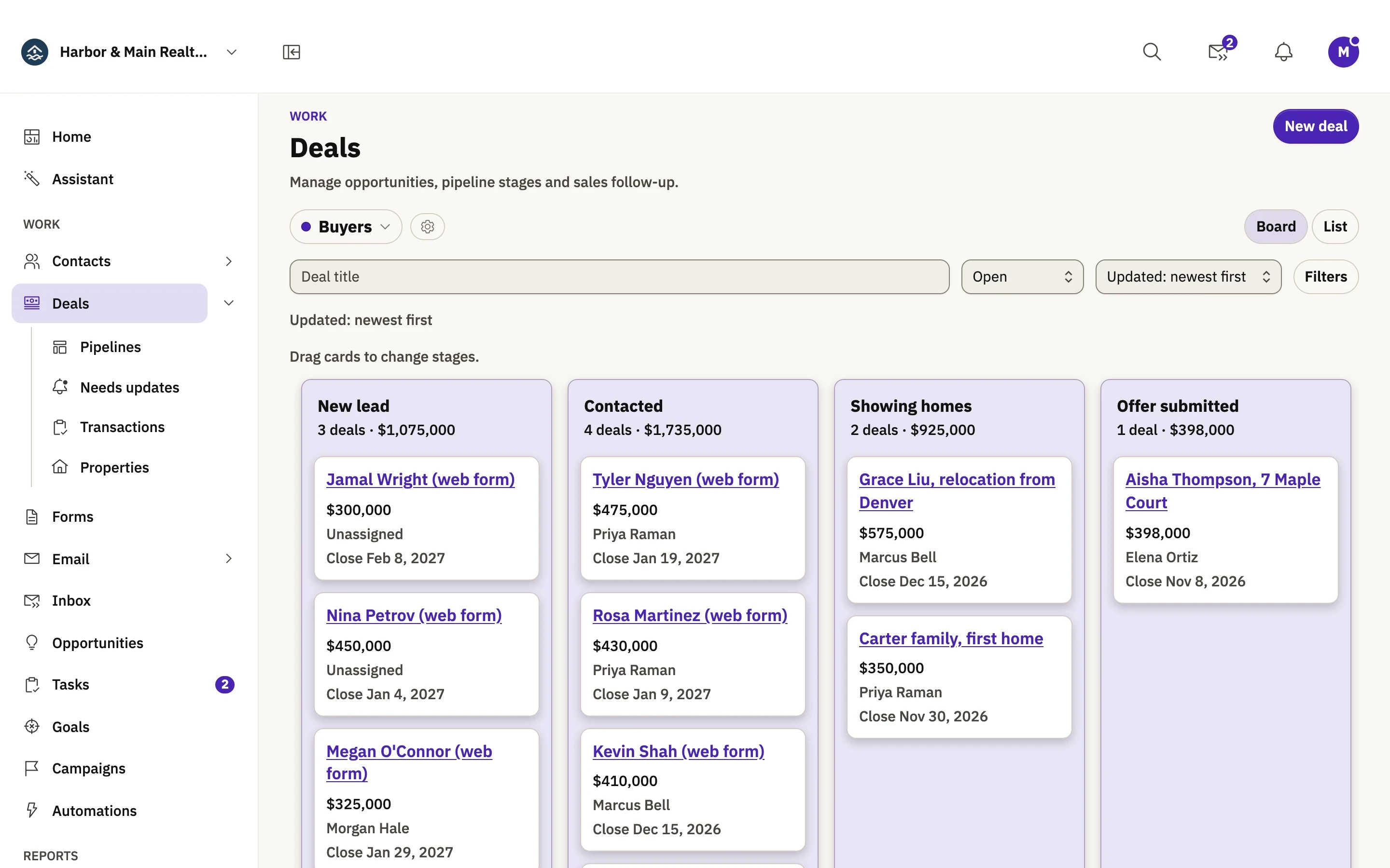 The Berchtold deals board with real estate deals in lead, active, under contract, and closed columns.