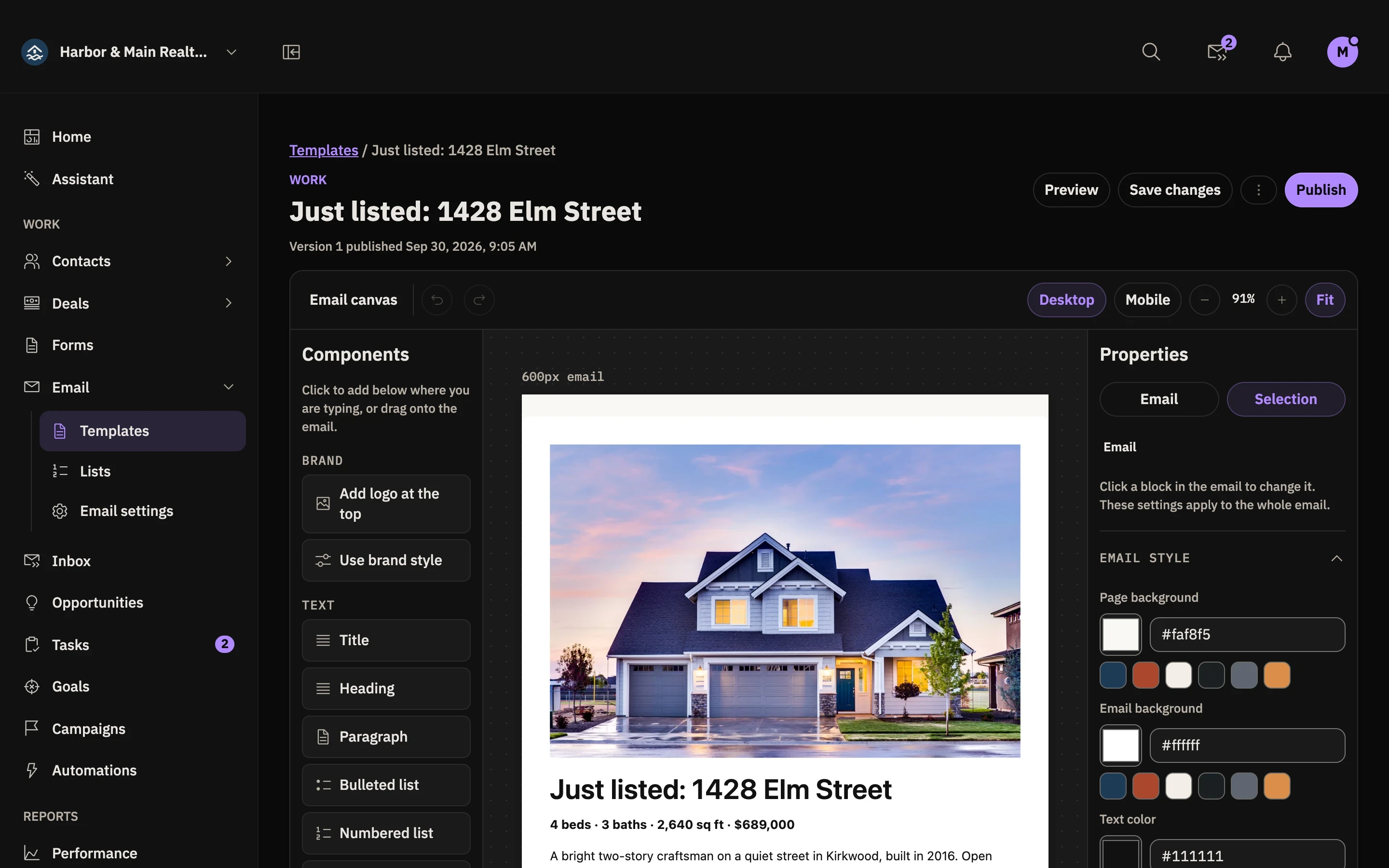 The Berchtold email builder with a just-listed email open on the canvas.
