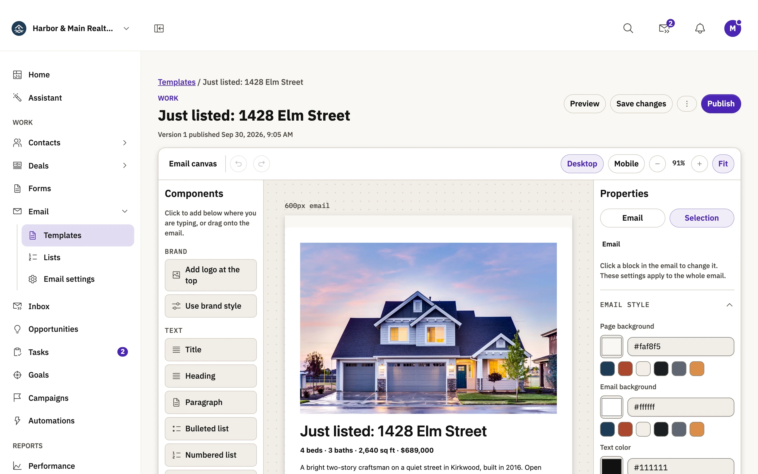 The Berchtold email builder with a just-listed email open on the canvas.