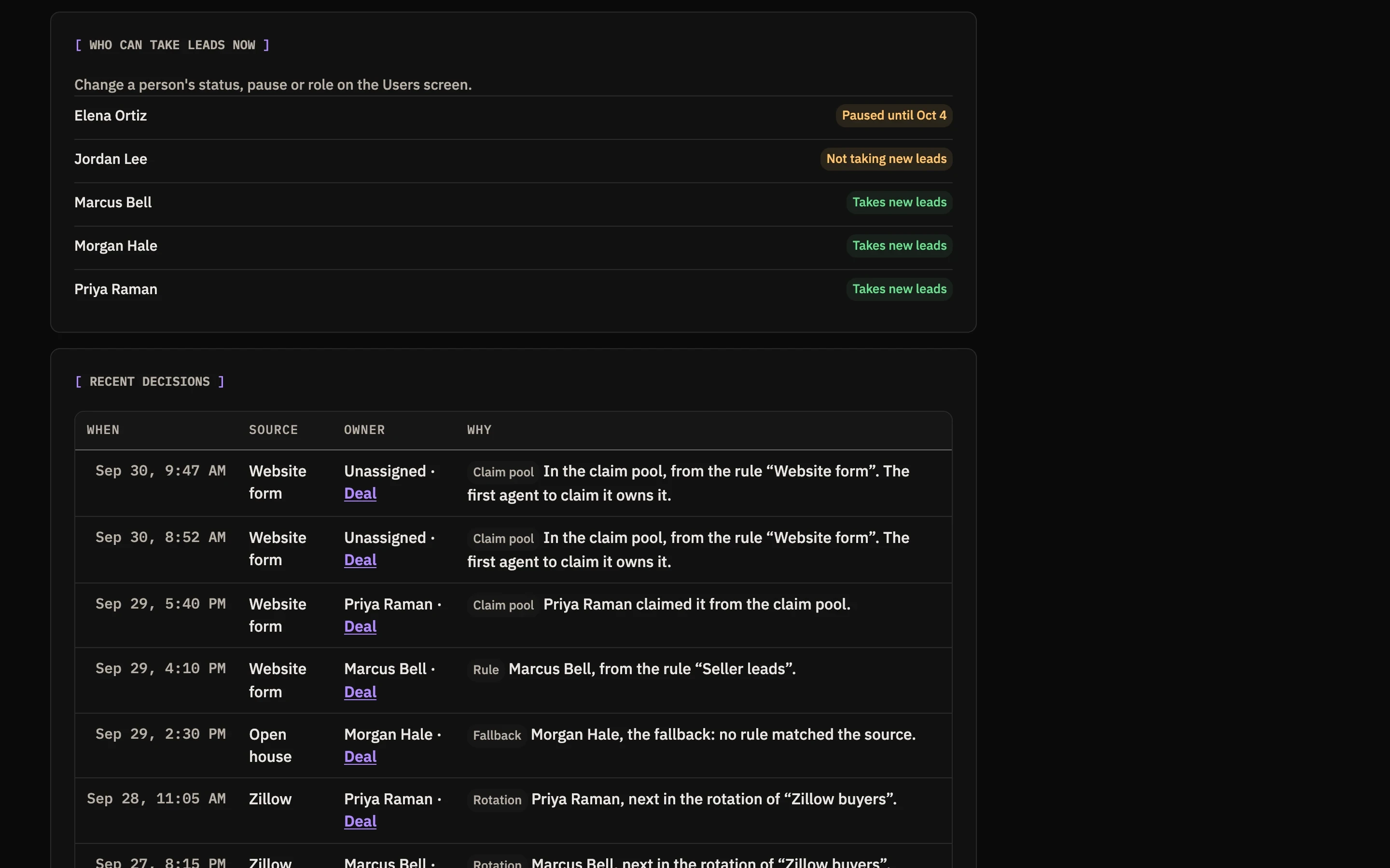 Berchtold lead routing showing which agents can take new leads now, who is paused, and recent routing decisions.