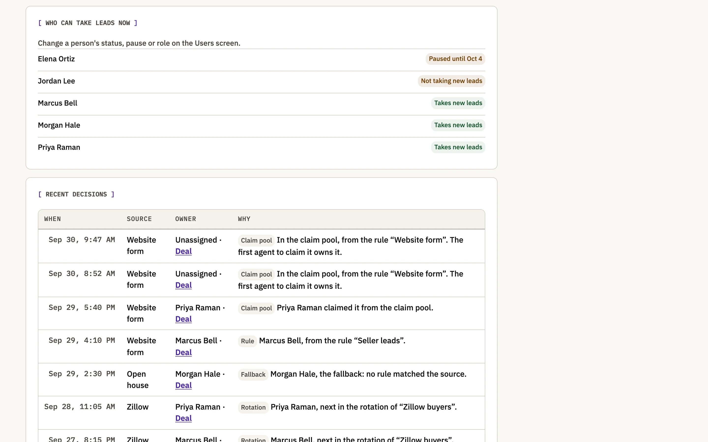 Berchtold lead routing showing which agents can take new leads now, who is paused, and recent routing decisions.